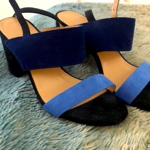 Two tone blue faux suede heels